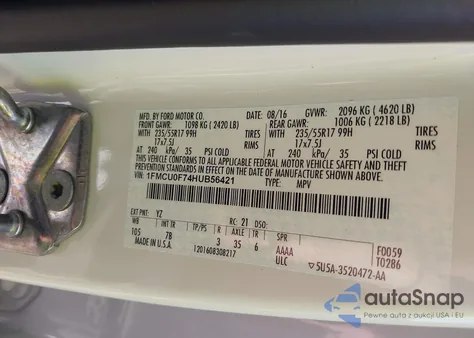 2017 Ford Escape S из США, поврежденный, VIN 1FMCU0F74HUB56421